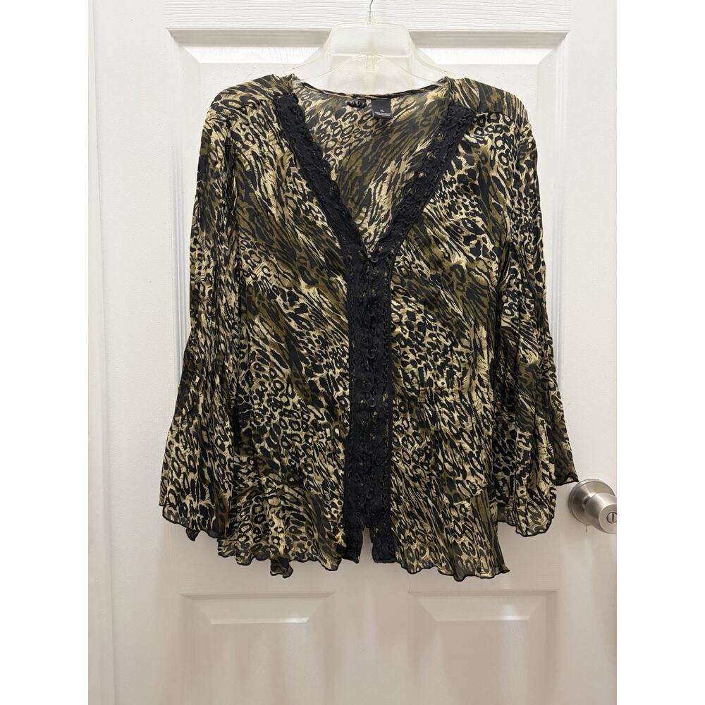 Impressions Animal Print Boho Blouse w/ Lace Trim Size: XL